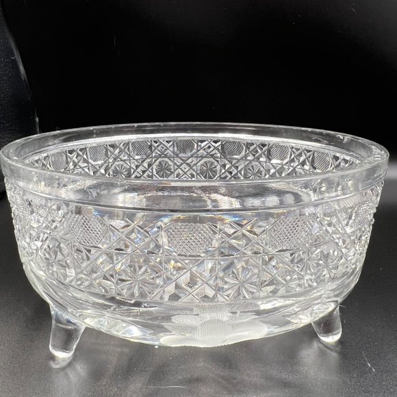 Vintage Glass Bowl Cane and Etched Flowers Three Footed 7.5” Candy Bowl - Picture 2 of 10